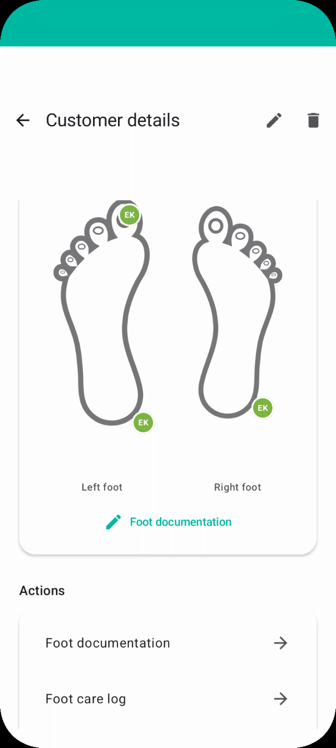 Foot care documentation in Podologix: point types such as calluses, corns and nail trauma as coloured dots on a foot outline, left and right foot shown separately