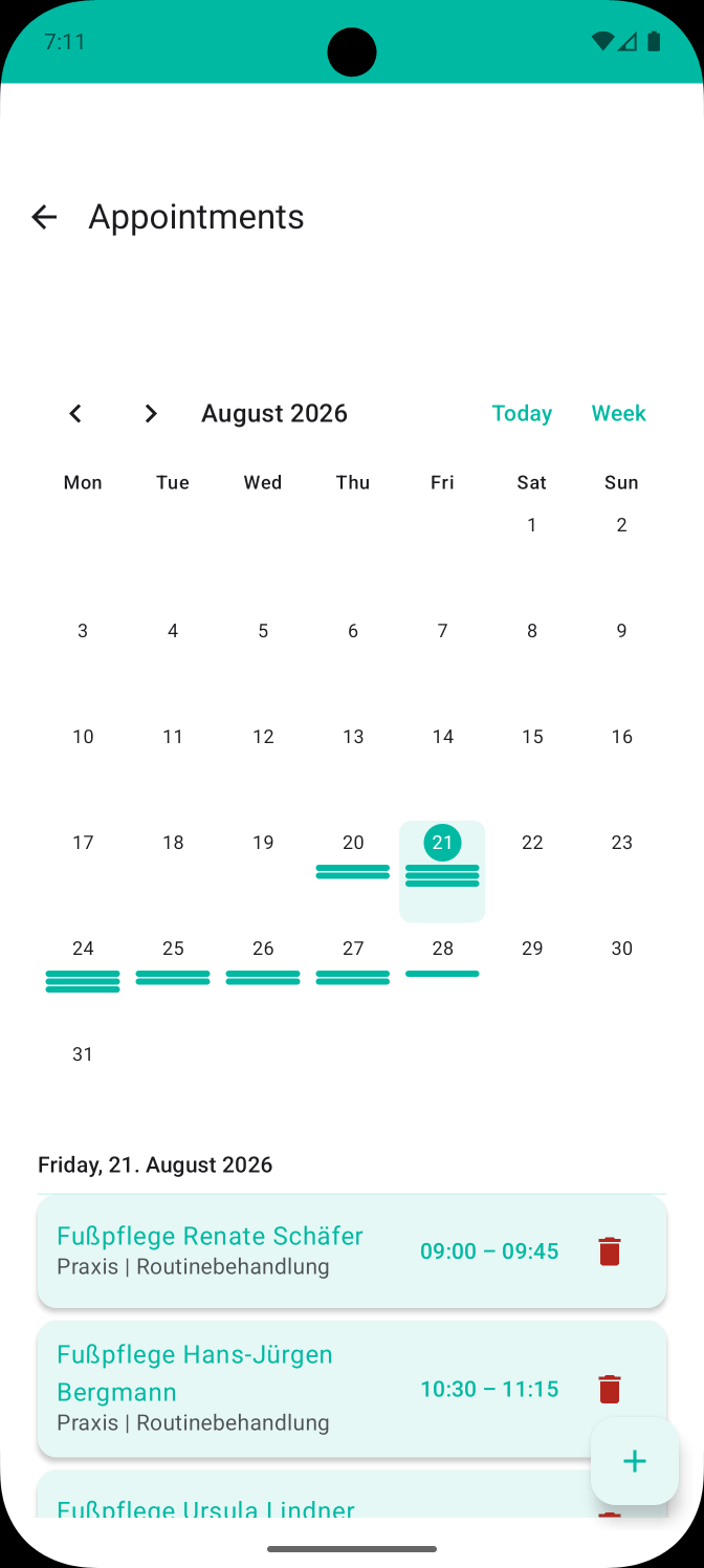 Appointment calendar in Podologix showing the month view and the appointments of the selected day
