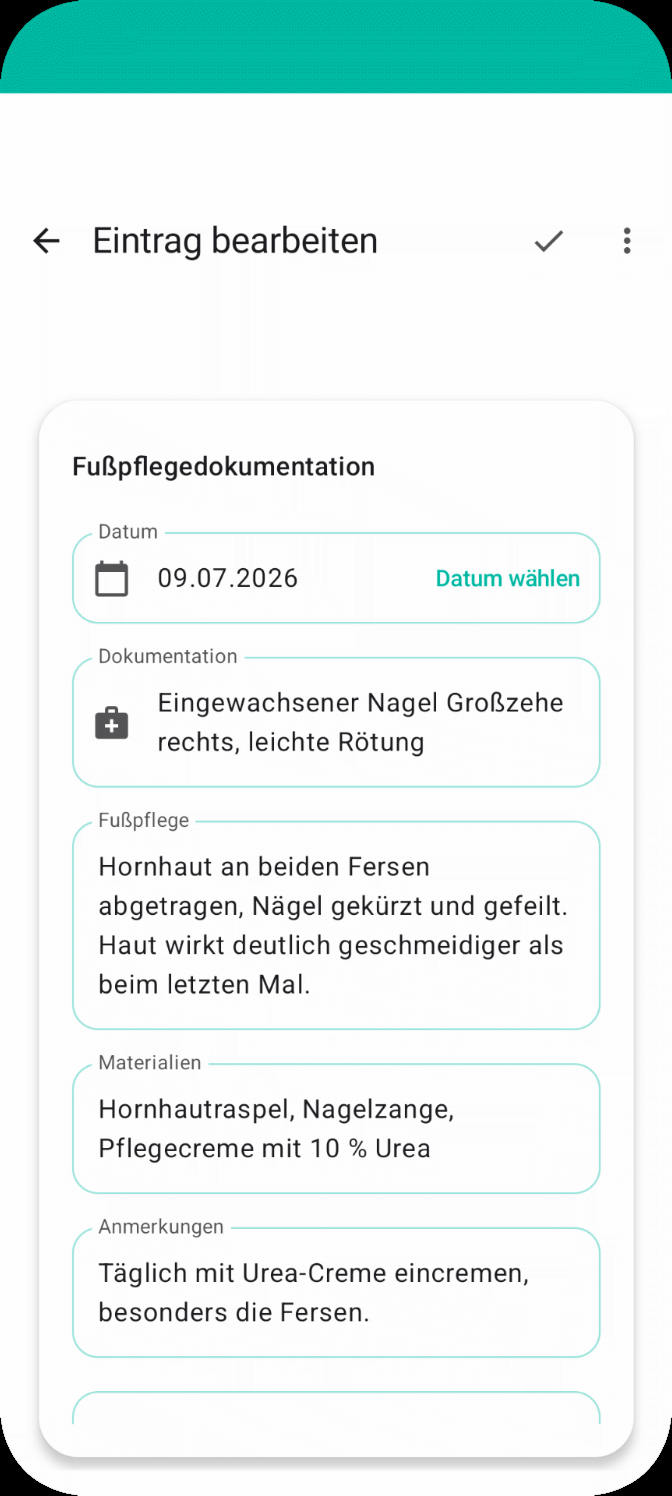 Behandlungseintrag in Podologix mit Datum, Probleme, durchgeführter Behandlung, verwendeten Materialien und Anmerkungen