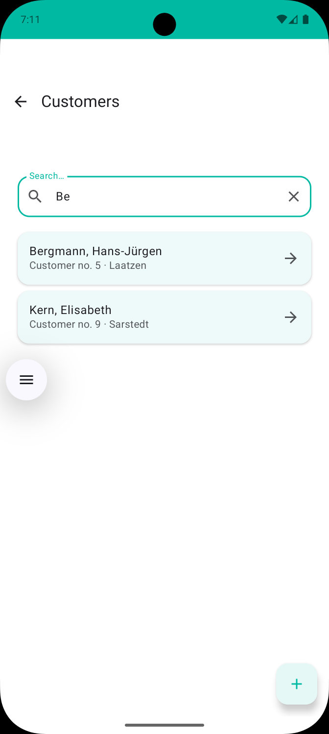 Podologix on a smartphone: the customer list with a search field, each entry showing name, customer number and city
