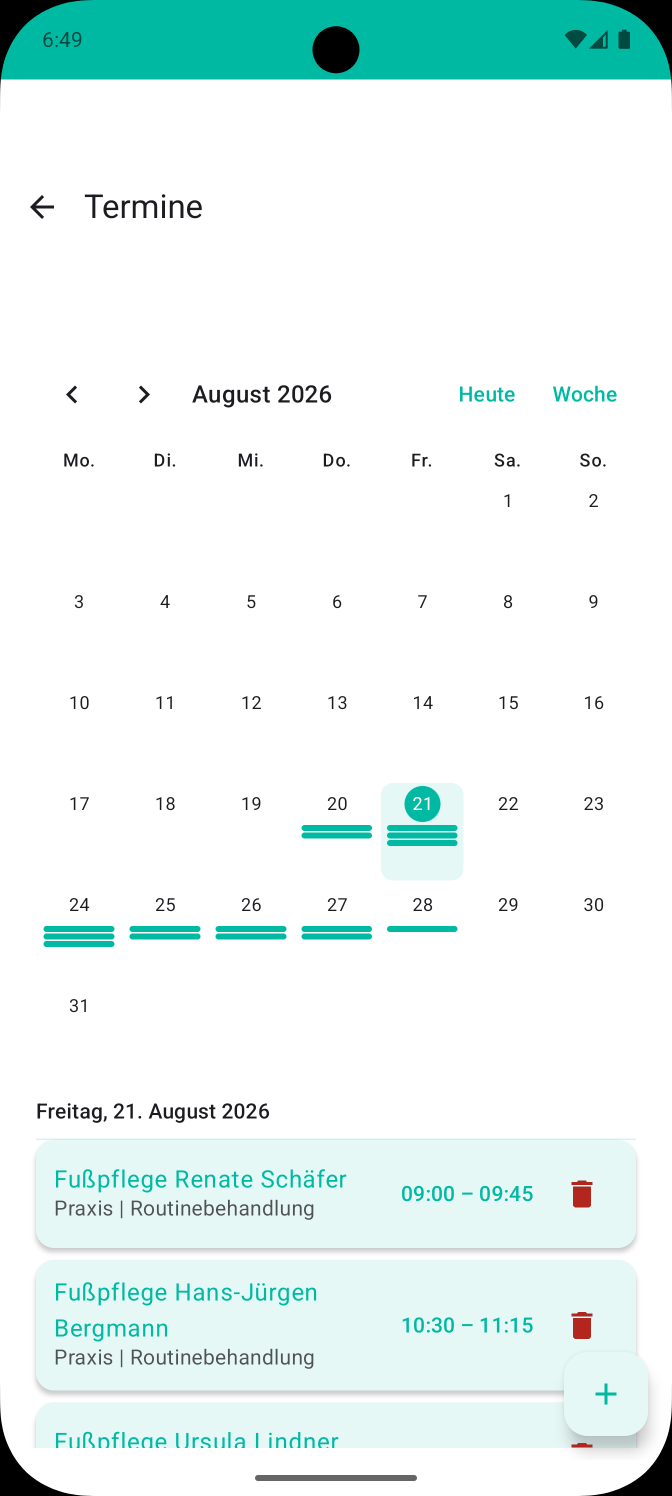 Terminkalender in Podologix: Monatsansicht August 2026 mit markierten Tagen und der Terminliste des ausgewählten Tages