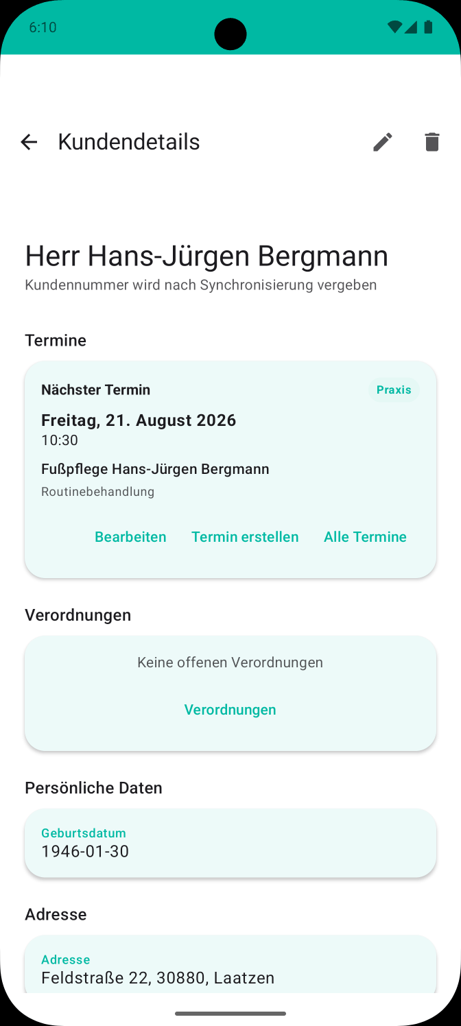 Digitale Kundenakte in Podologix: Name des Kunden, nächster Termin, Geburtsdatum und Adresse untereinander
