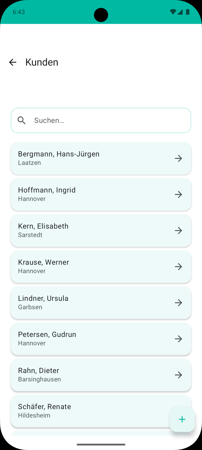 Podologix auf dem Smartphone: die Kundenliste mit Suchfeld, jeder Kunde mit Name und Ort