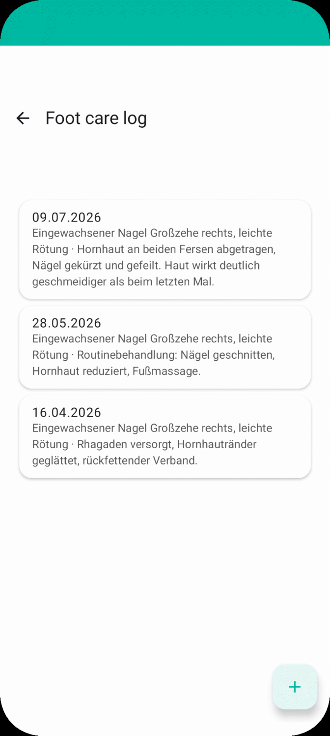 Digital client file in Podologix: foot care history with date and notes for every entry