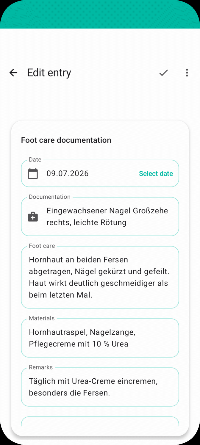 Diary entry in Podologix with date, issues, foot care carried out, materials used and remarks